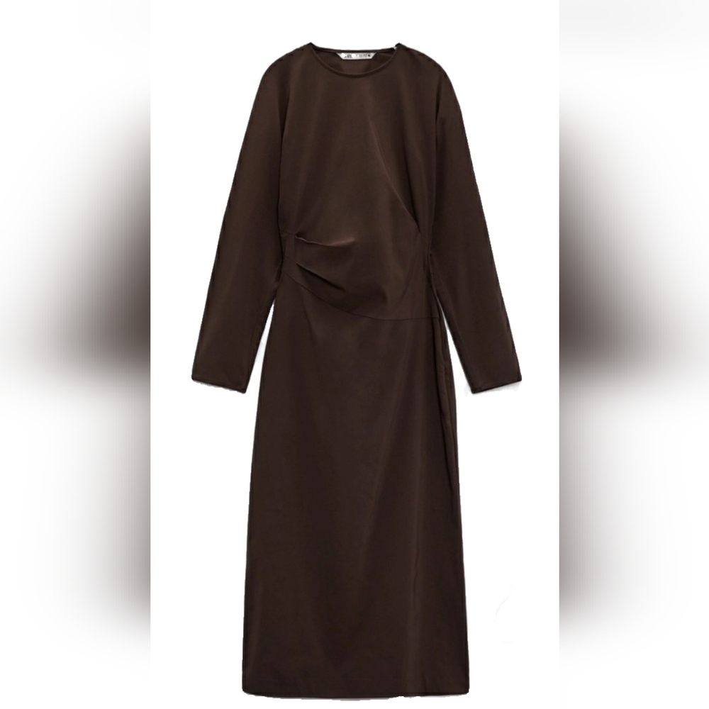 ZARA Minimalist Long Sleeve Midi Dress – Dark Chocolate Brown, Size XS